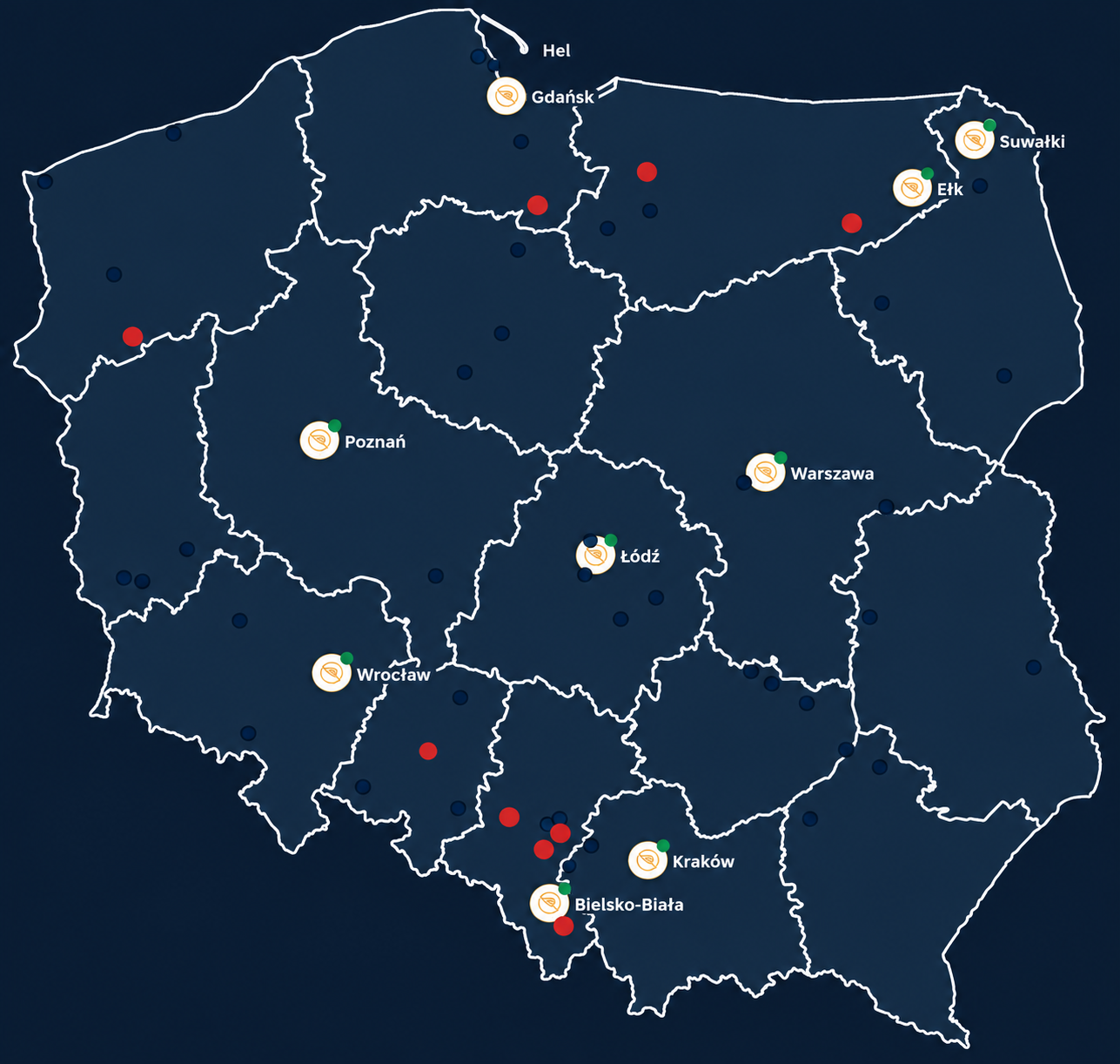 Mapa Polski z podziałem na województwa i oznaczonymi biurami Ralen Group w Gdańsku, Suwałkach, Ełku, Poznaniu, Warszawie, Łodzi, Wrocławiu, Krakowie i Bielsku-Białej.